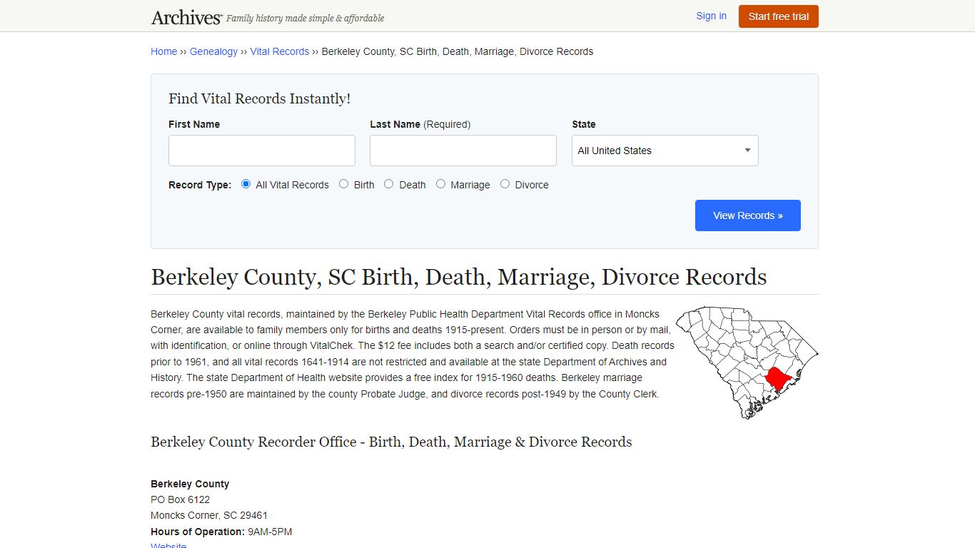 Berkeley County, SC Birth, Death, Marriage, Divorce Records - Archives.com